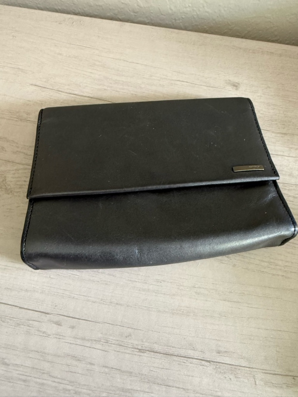 Tumi Black Leather Fold-Over Clutch Wristlet
